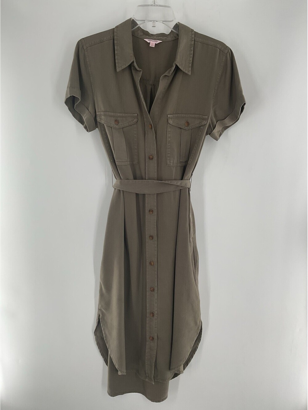Teddy Rose Full Button Up Dress Olive Green Size Small Collard Tie 138
